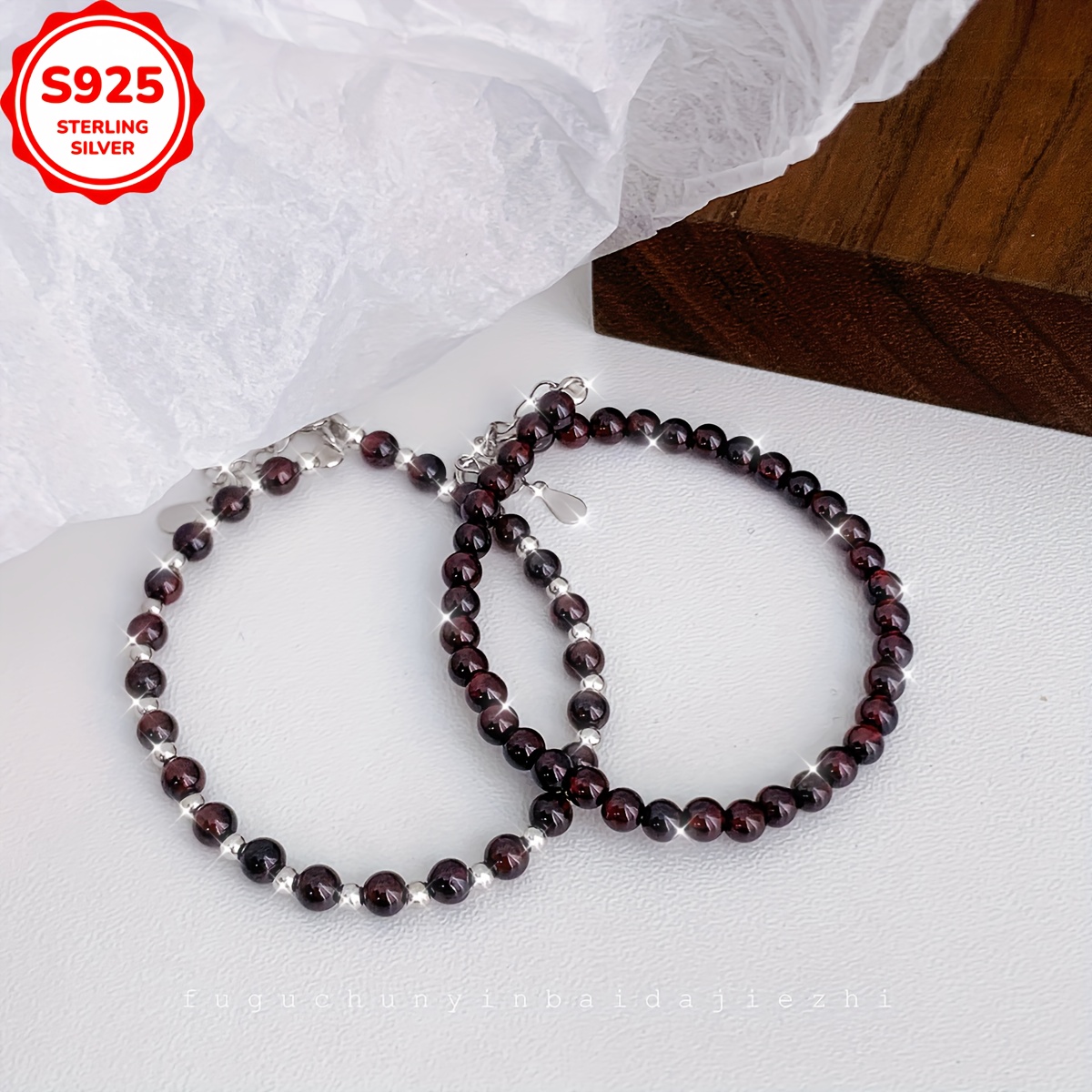 Sterling Silver Garnet Bead Bracelet - Adjustable Round Bracelet